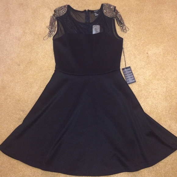 Black flowy dress with mesh and shoulder beading!