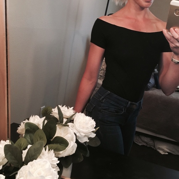 Black Ribbed Off The Shoulder Bodysuit