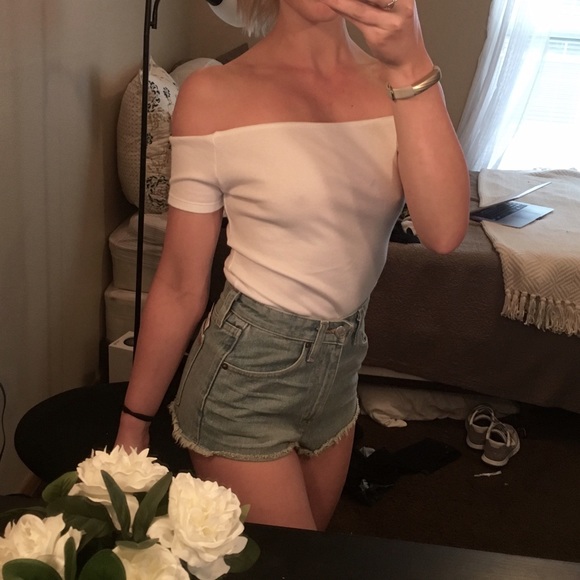 White rubbed off the shoulder bodysuit