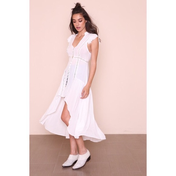 White Lace Trim Flutter Sleeve High Low Dress - Picture 2 of 4