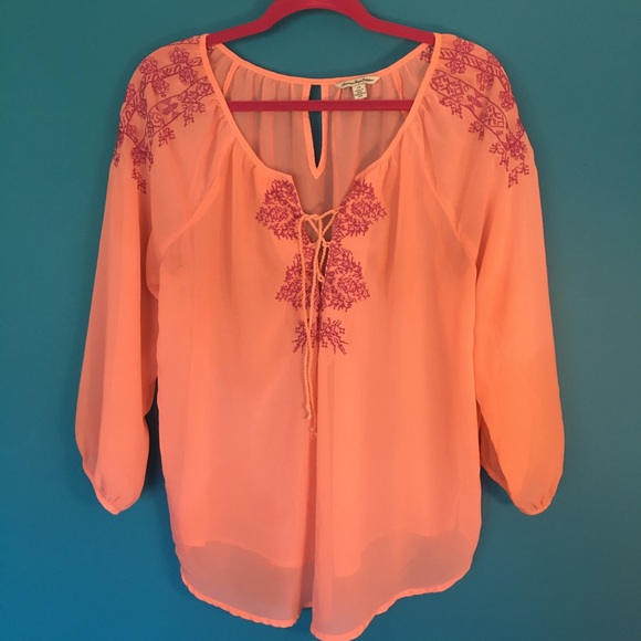 Pretty Sheer Coral & Purple Embroidered  Blouse