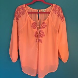 Pretty Sheer Coral & Purple Embroidered  Blouse