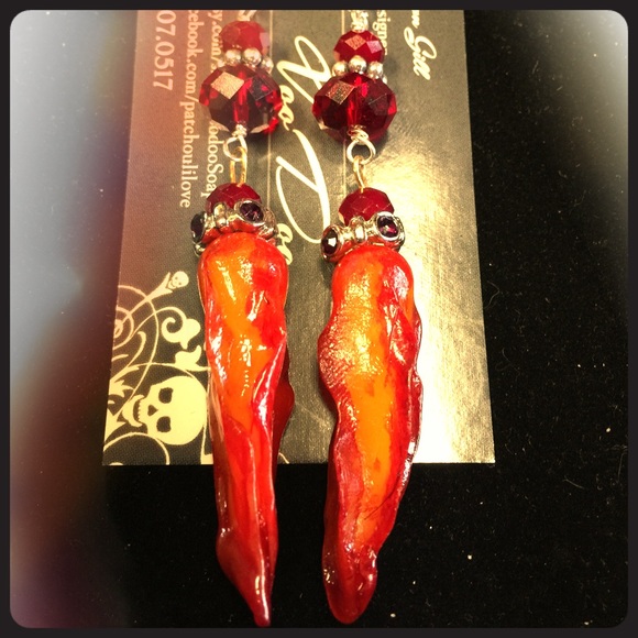 Artisan pod earrings in red and yellow