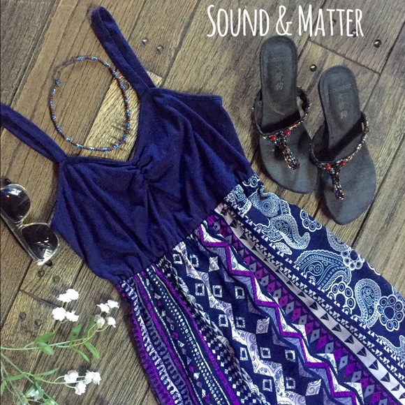 Adorable Navy/Purple Sun Dress with Back Cut-Out