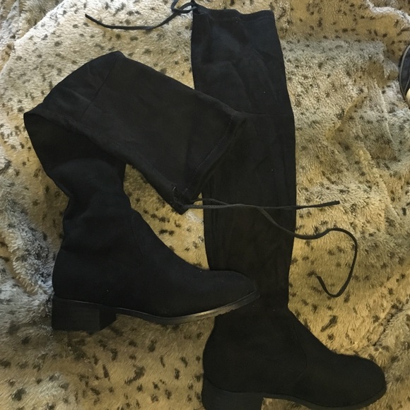 Knee high black faux suede boots