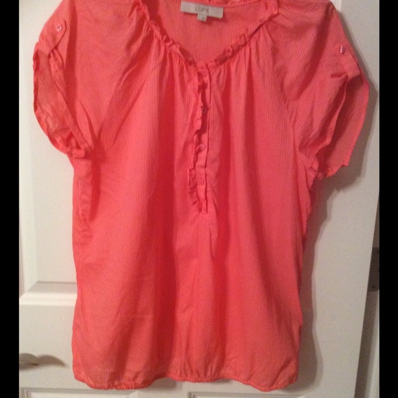 LOFT Coral color button down ruffle blouse - Picture 2 of 4