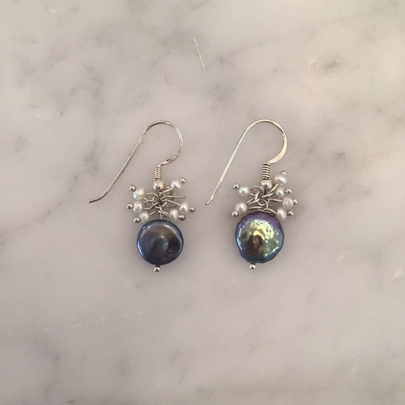 Gray coin pearl and petite white pearl earrings
