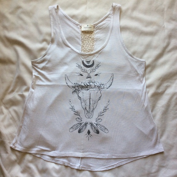 Threads Studio Tops - White Cattle Skull Head Tank Top With Lace Back