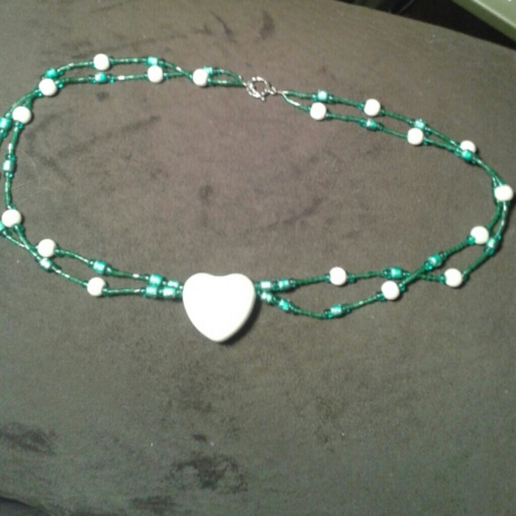 Big White Heart Necklace with teal and white beads