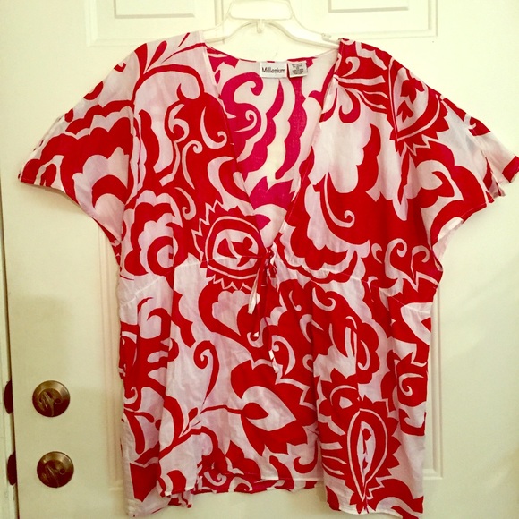 Red and white patterned summer blouse