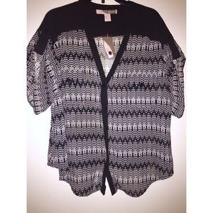 Tribal print black and white button up blouse