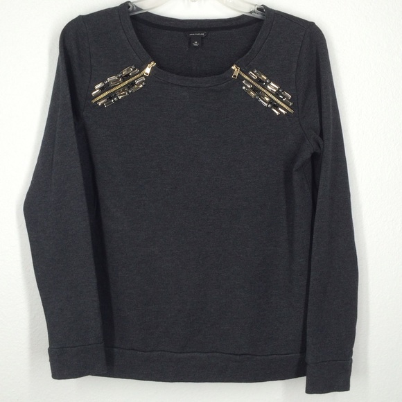 Ann Taylor Sweaters - Ann Taylor charcoal grey jeweled zipper sweater M
