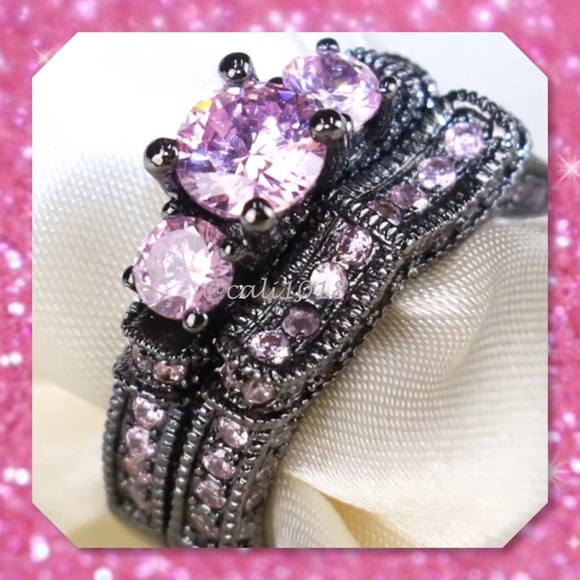 🆕Pink CZ & Black Gold Filled Wedding Ring Set 6 - Picture 3 of 4