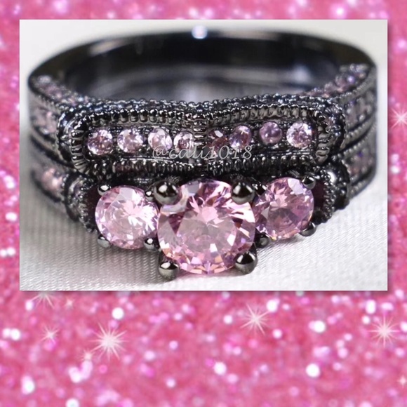 🆕Pink CZ & Black Gold Filled Wedding Ring Set 6 - Picture 4 of 4