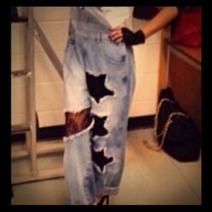 Lace and faux leather inset overalls