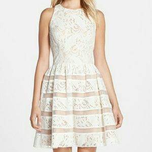 Aidan by Aidan Mattox ivory and nude lace dress.