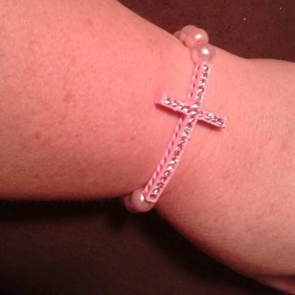 Pink Cross Stretchy Bracelet with Pink Pearl Beads