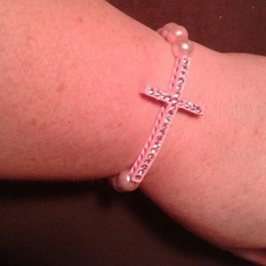Pink Cross Stretchy Bracelet with Pink Pearl Beads