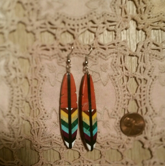 RARE Native American Stone Inlay Feather Earrings