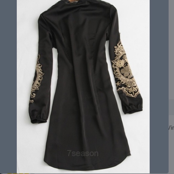 Black & gold faux leather trim neck shirt/ dress - Picture 2 of 3