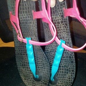 Hot Pink and Blue Thong Jelly Sandals