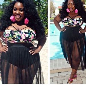 Vintage floral top , black bottom mesh swimsuit