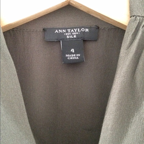 Ann Taylor silk army green/tan blouse with bow - Picture 2 of 3