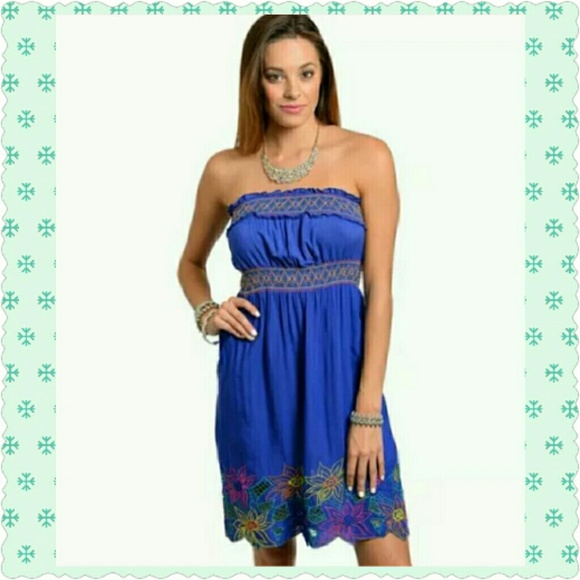 BOHO FESTIVE BLUE SUMMER COTTON EMBRD DRESS  SMALL - Picture 2 of 4