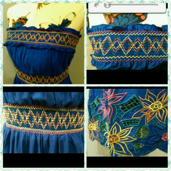 BOHO FESTIVE BLUE SUMMER COTTON EMBRD DRESS  SMALL - Picture 4 of 4