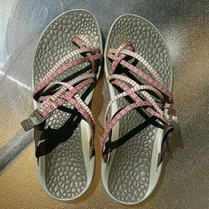 Pink and gray Chacos 10