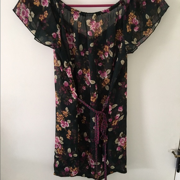 Off the Shoulder Sheer Black and Floral Top - Picture 3 of 3