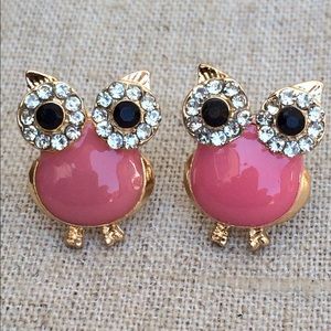 Gold Tone Crystal Pink Enamel Owl Stud Earrings