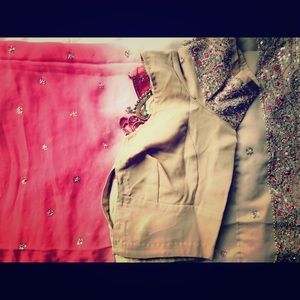 Beige, pink and white Saree