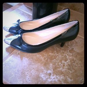 Audrey Brooke Black Kitten Heels with Silver Toes