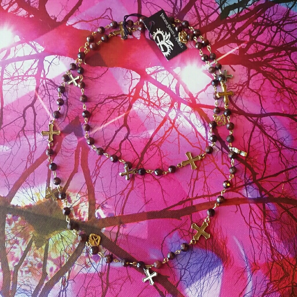 Pax Multi Cross Red Tigereye Gold Long Necklace