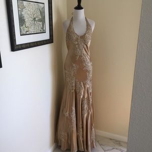 Sue Wong Bronze Beaded Mermaid Gown