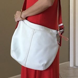 Coach White Nylon Satin Red Trim Large Hobo Shoulder Bag Purse-VINTAGE
