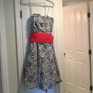 Tabitha blue and white print strapless sundress.