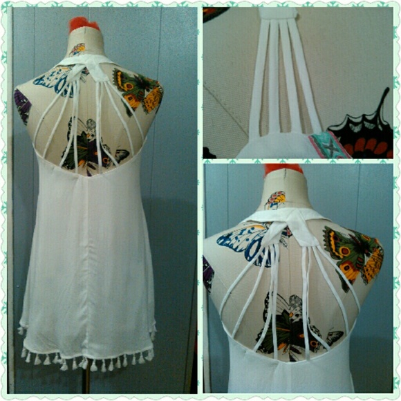 BOHO Aztec EMBROIDERED WHITE DRESS Cover up MEDIUM - Picture 2 of 4