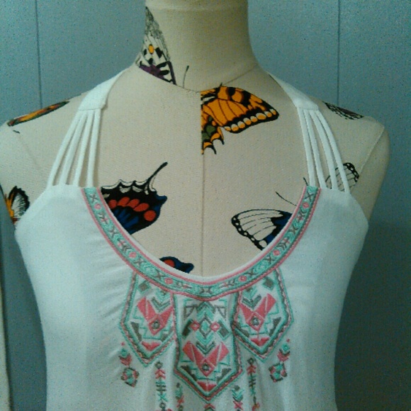 BOHO Aztec EMBROIDERED WHITE DRESS Cover up MEDIUM - Picture 3 of 4