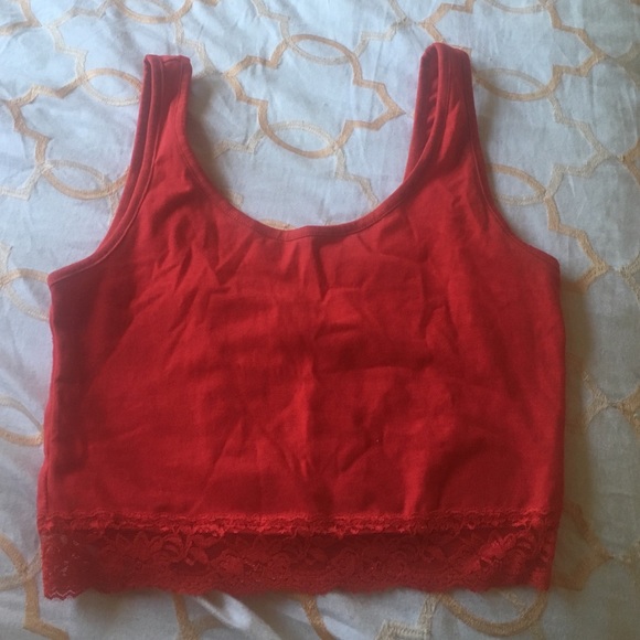 Red crop top with lace on the bottom
