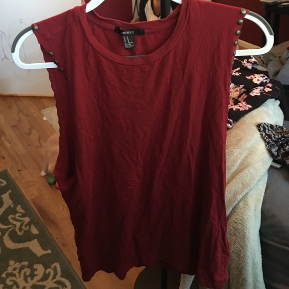 Red Muscle Tank with Bronze Button Details