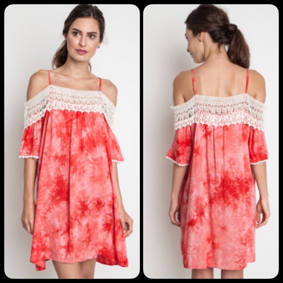 Ultra Chic Red Tie Dye Off Shoulder Mini Dress - Picture 3 of 3