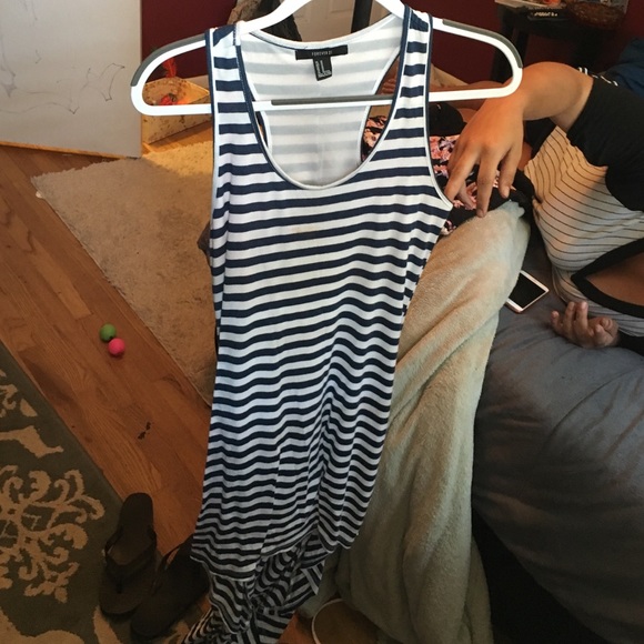 Navy and White Striped Hi-Low Maxi Dress - Picture 1 of 3