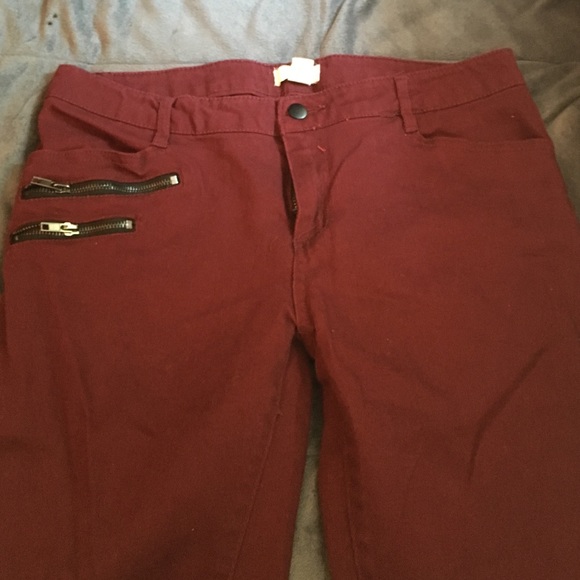Maroon Skinny Jeans w/ Black Zipper Detail
