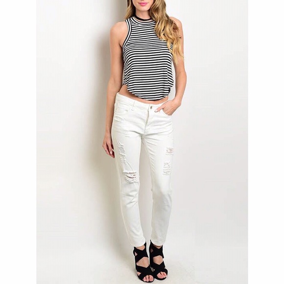 TRENDY Premium Destroyed White Denim Crop Ankle Jeans - Picture 2 of 4
