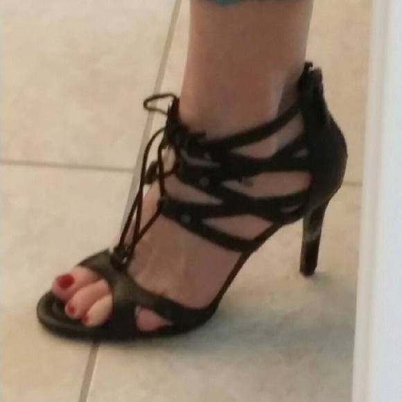 Sexy black lace up high heel sandals