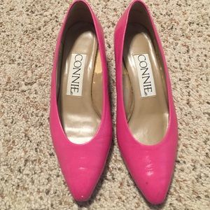Hot pink, low heels, worn