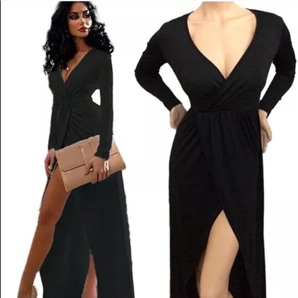 Black Deep-V Plunge Asymmetrical Long Dress