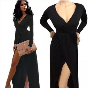 Black Deep-V Plunge Asymmetrical Long Dress